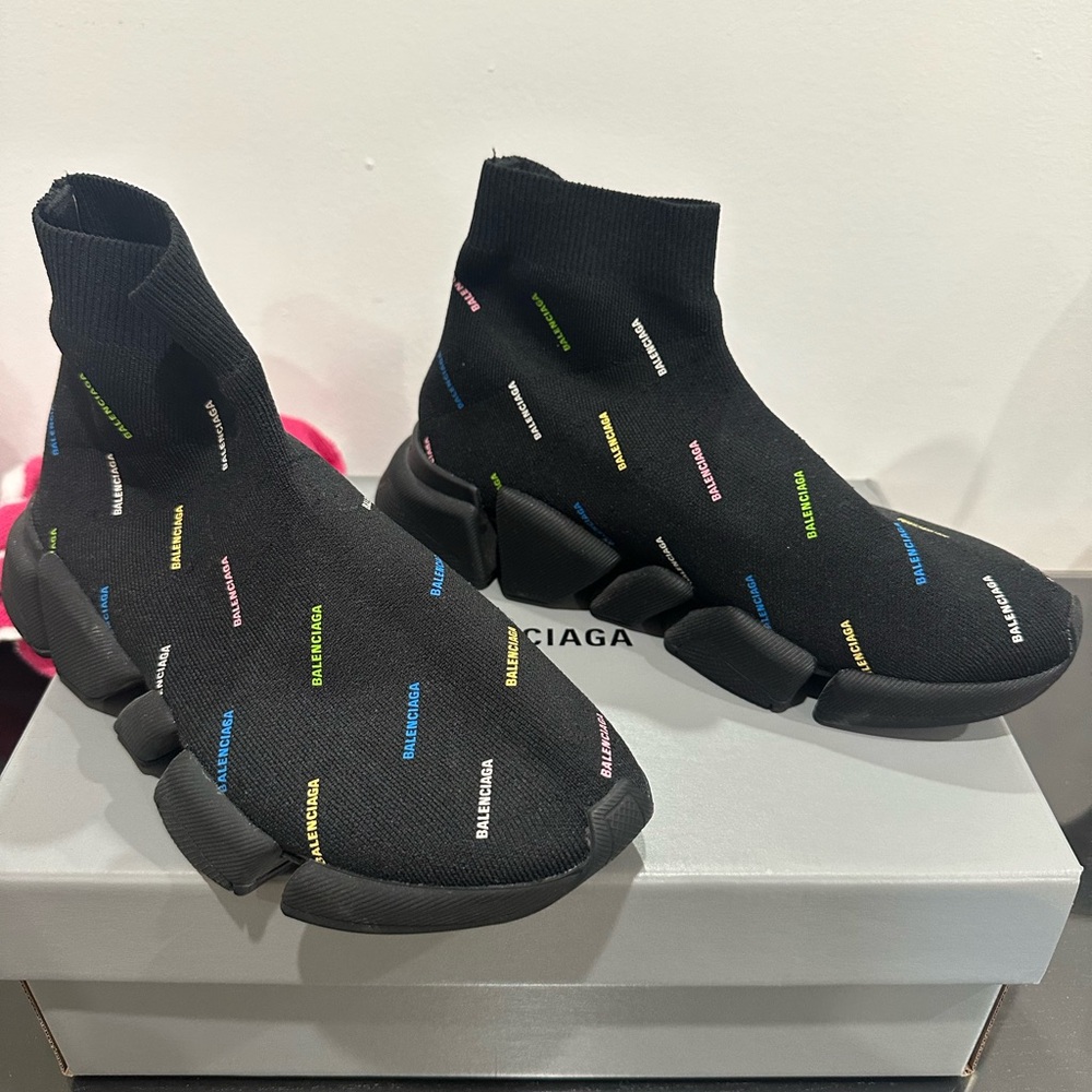 BALENCIAGA Speed 2.0 AllOver Logo Recycled Knit Black Multicolor LIMITED EDITION
